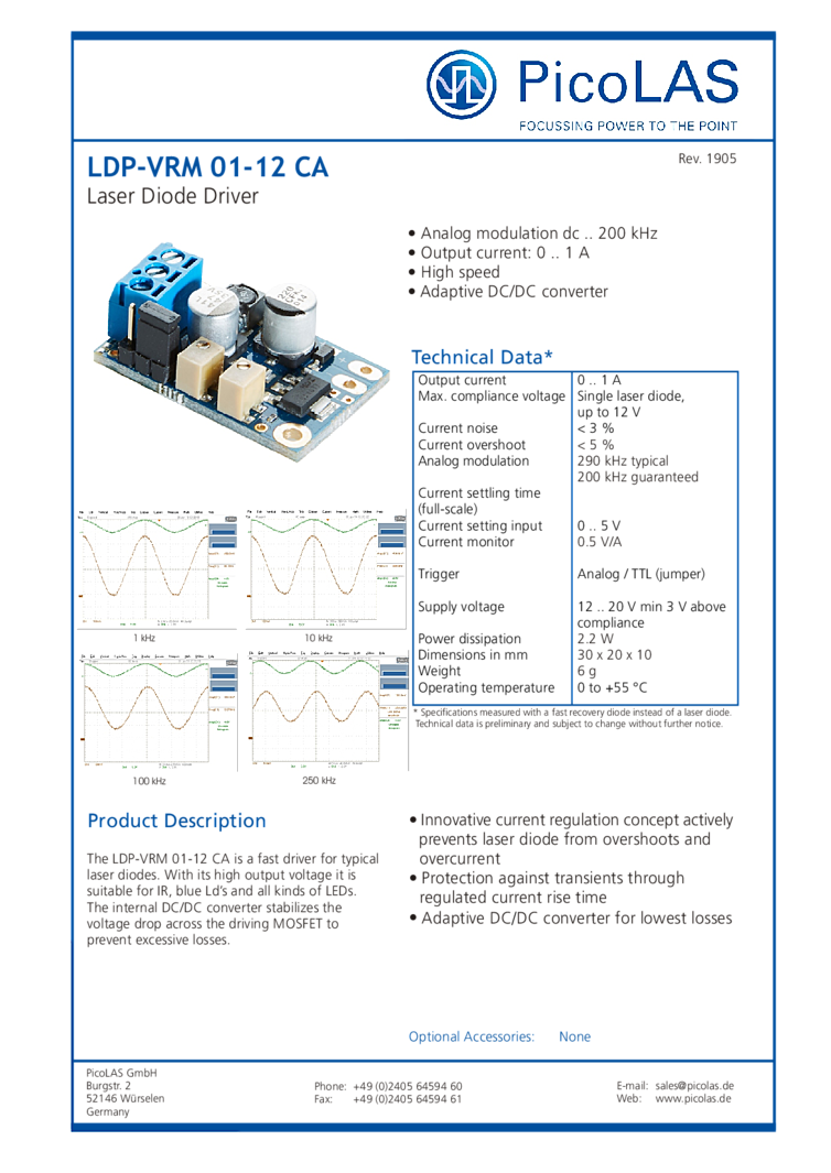 1 Amp Laser Diode Driver from PicoLAS (200 kHz MODULATION)
