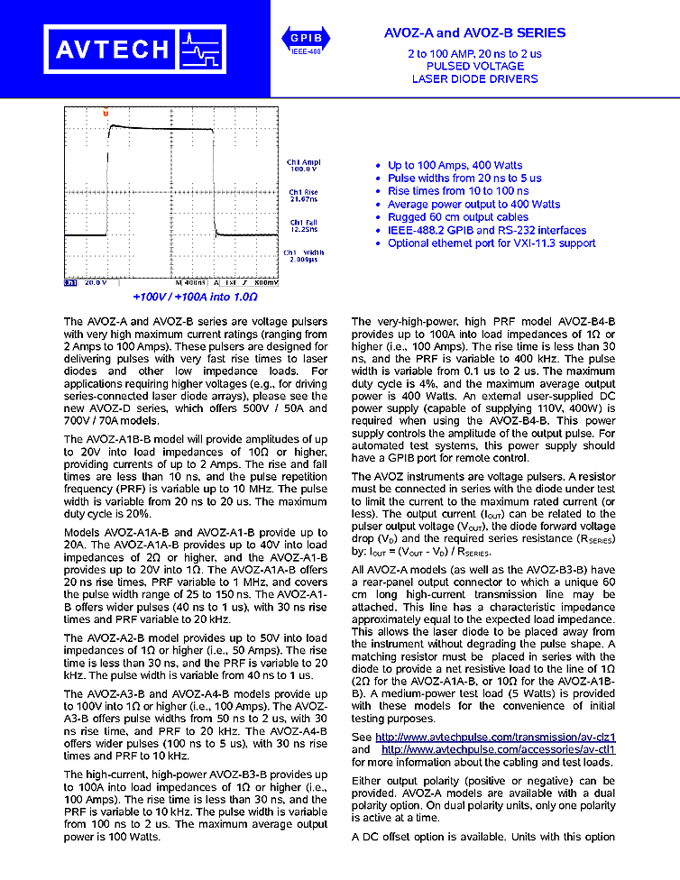 Avtech Fast Rise Time Pulsed Laser Diode Driver